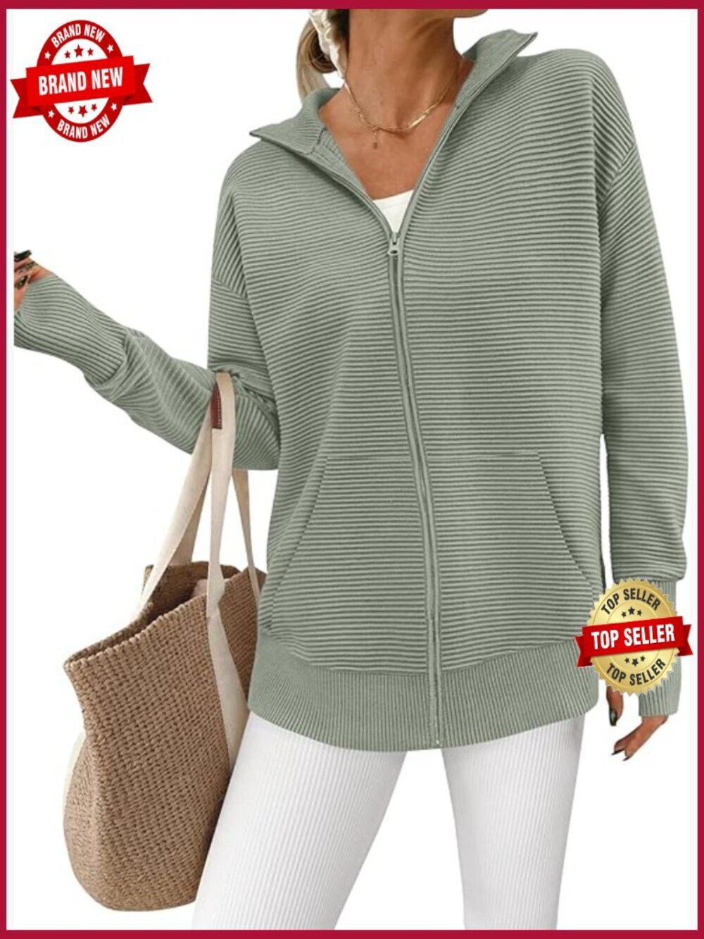 Long Sleeve Zip Up Cardigan Sweater Casual Loose Collared Ribbed Knit Top Jacket